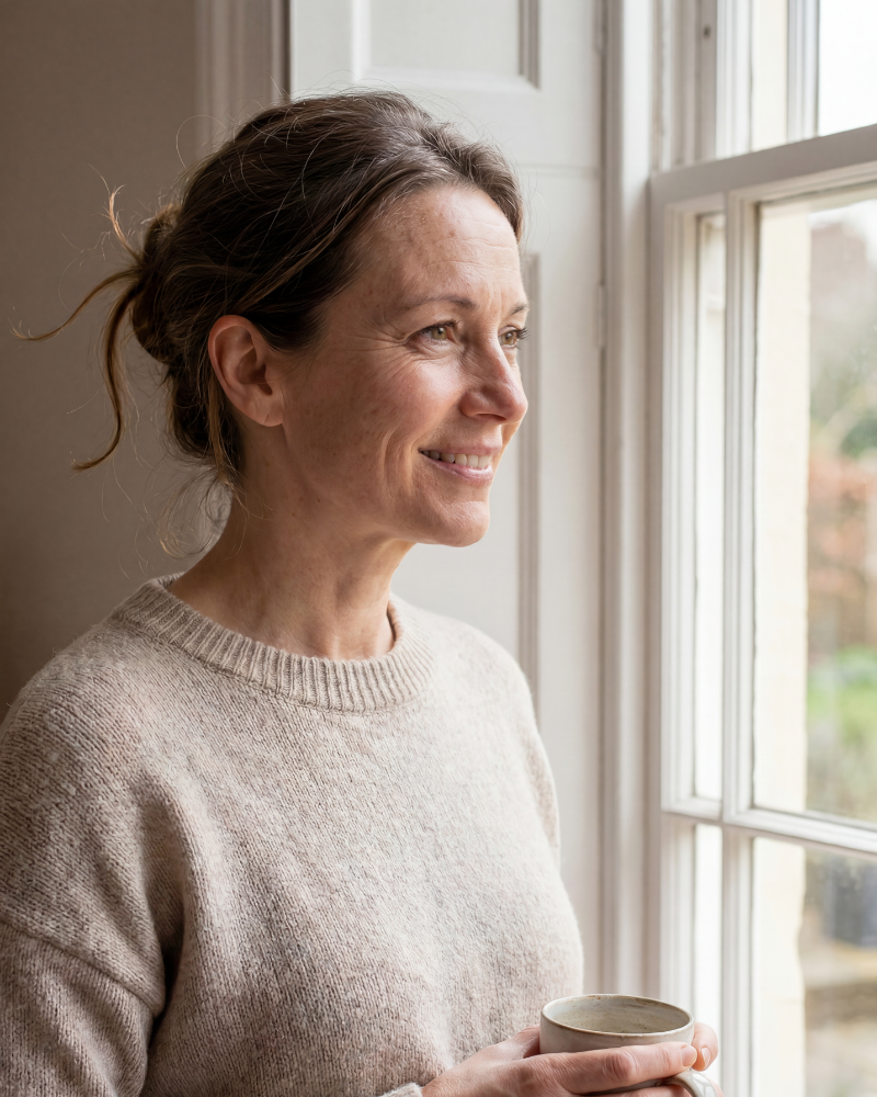 Frau am Fenster mit Kaffeetasse