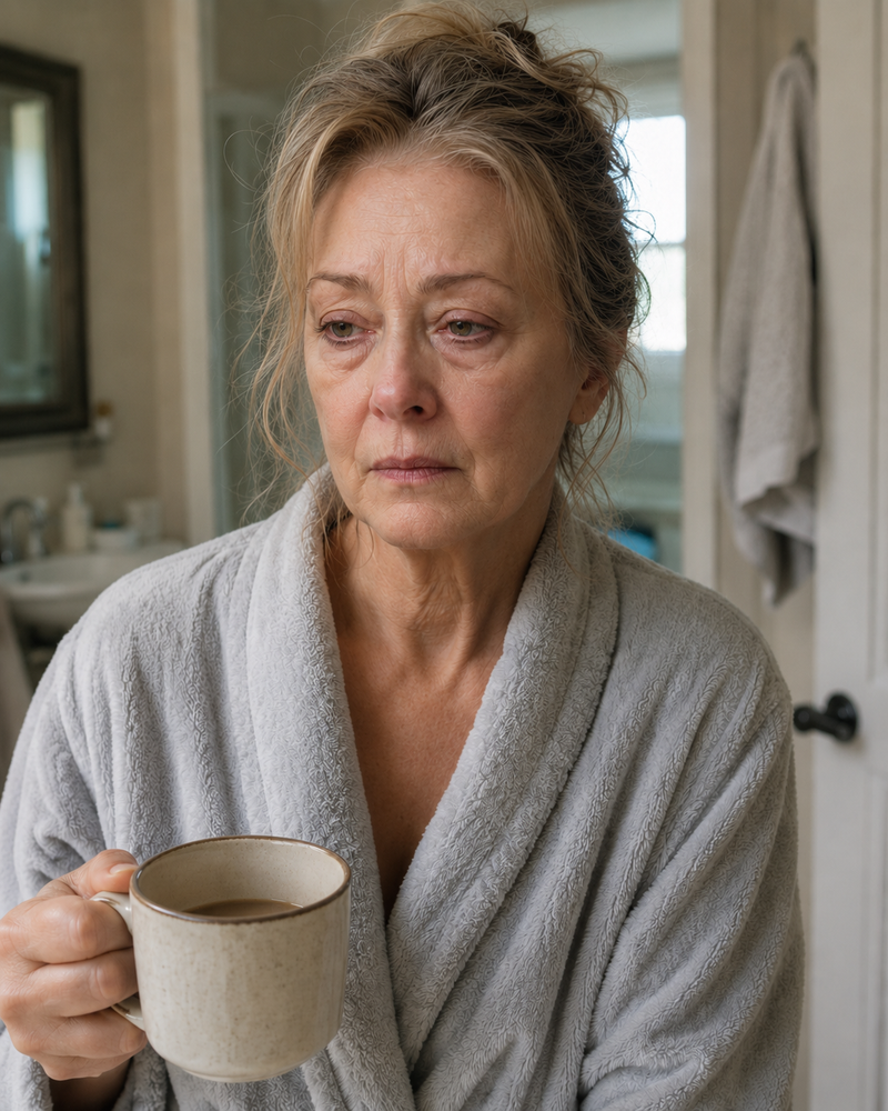 Müde Frau im Morgenmantel mit Kaffee