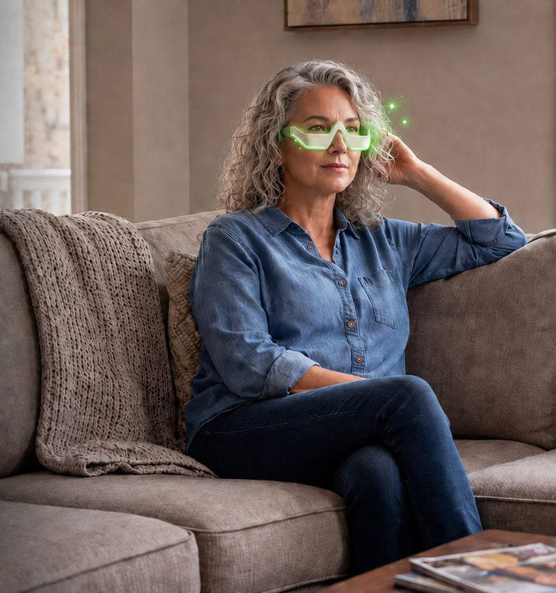 Frau entspannt mit Lumiva auf dem Sofa